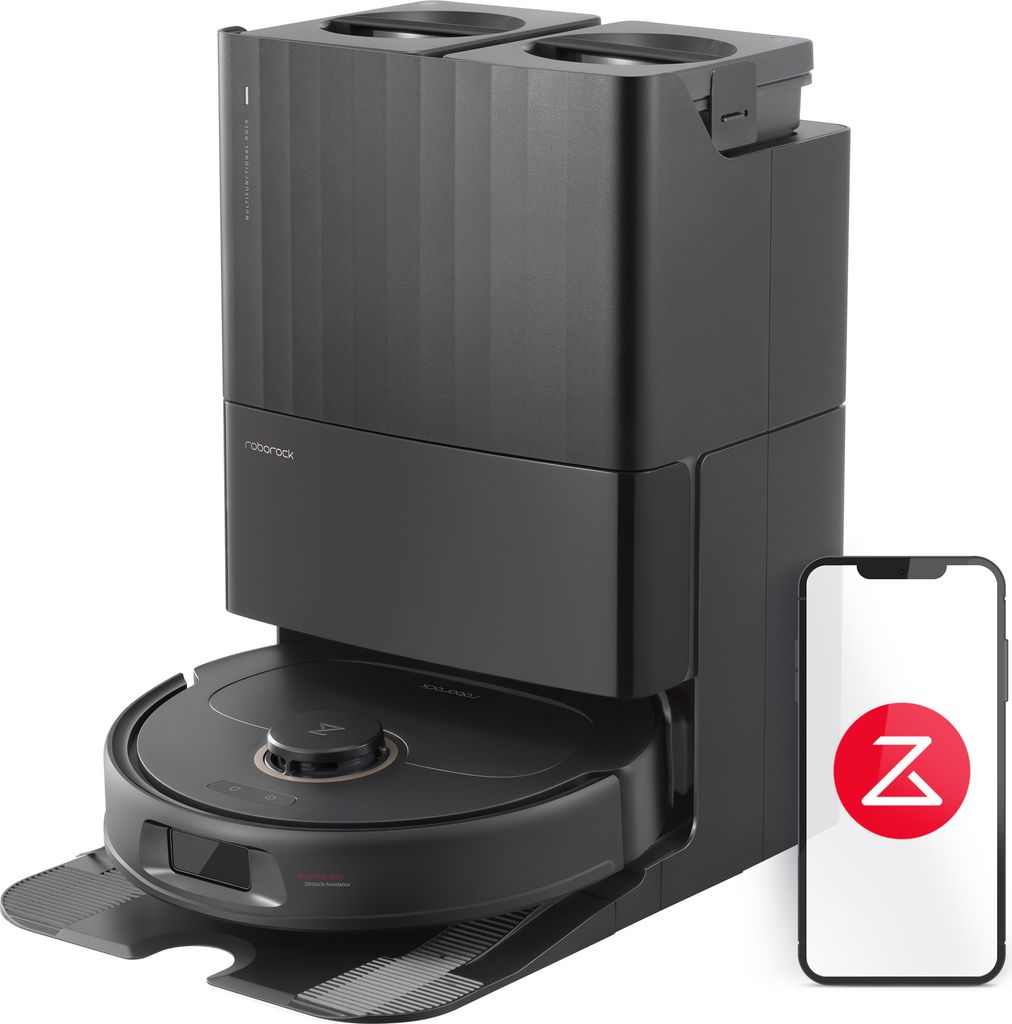 A robotic vacuum cleaner with its charging and self-cleaning dock, along with a smartphone showing an app icon.