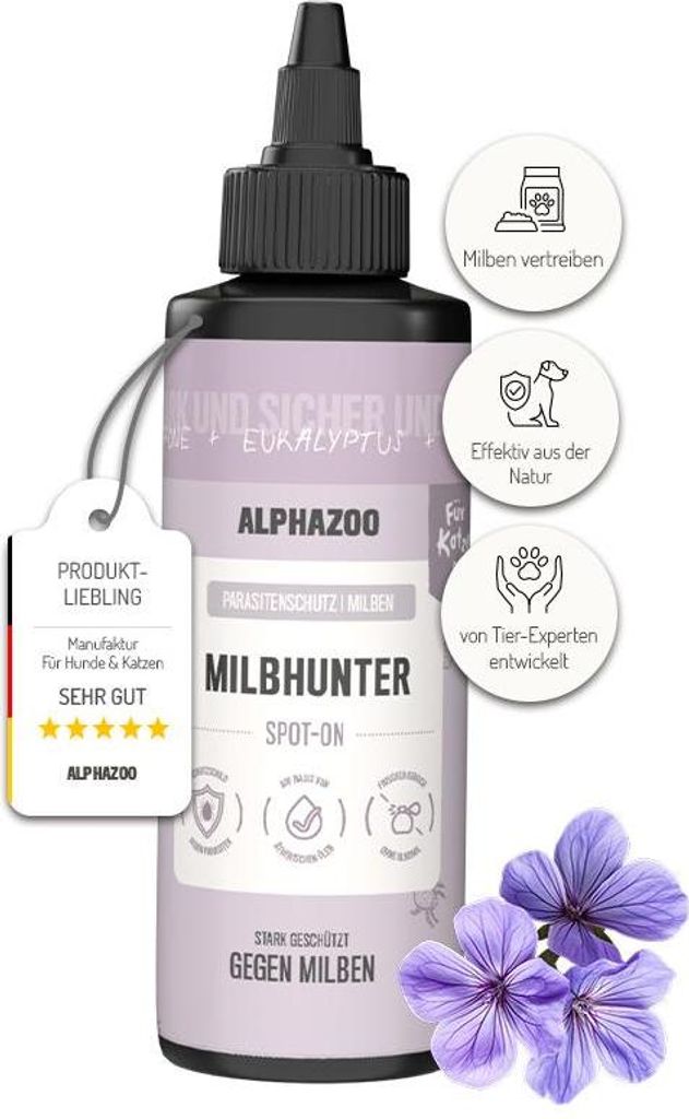 alphazoo MilbHunter Spot-On für Katzen 100 ml – Natürlicher Milbenschutz bei Ohrmilben, Haarbalgmilben & Grabmilben – Hautpflege & Juckreizli...