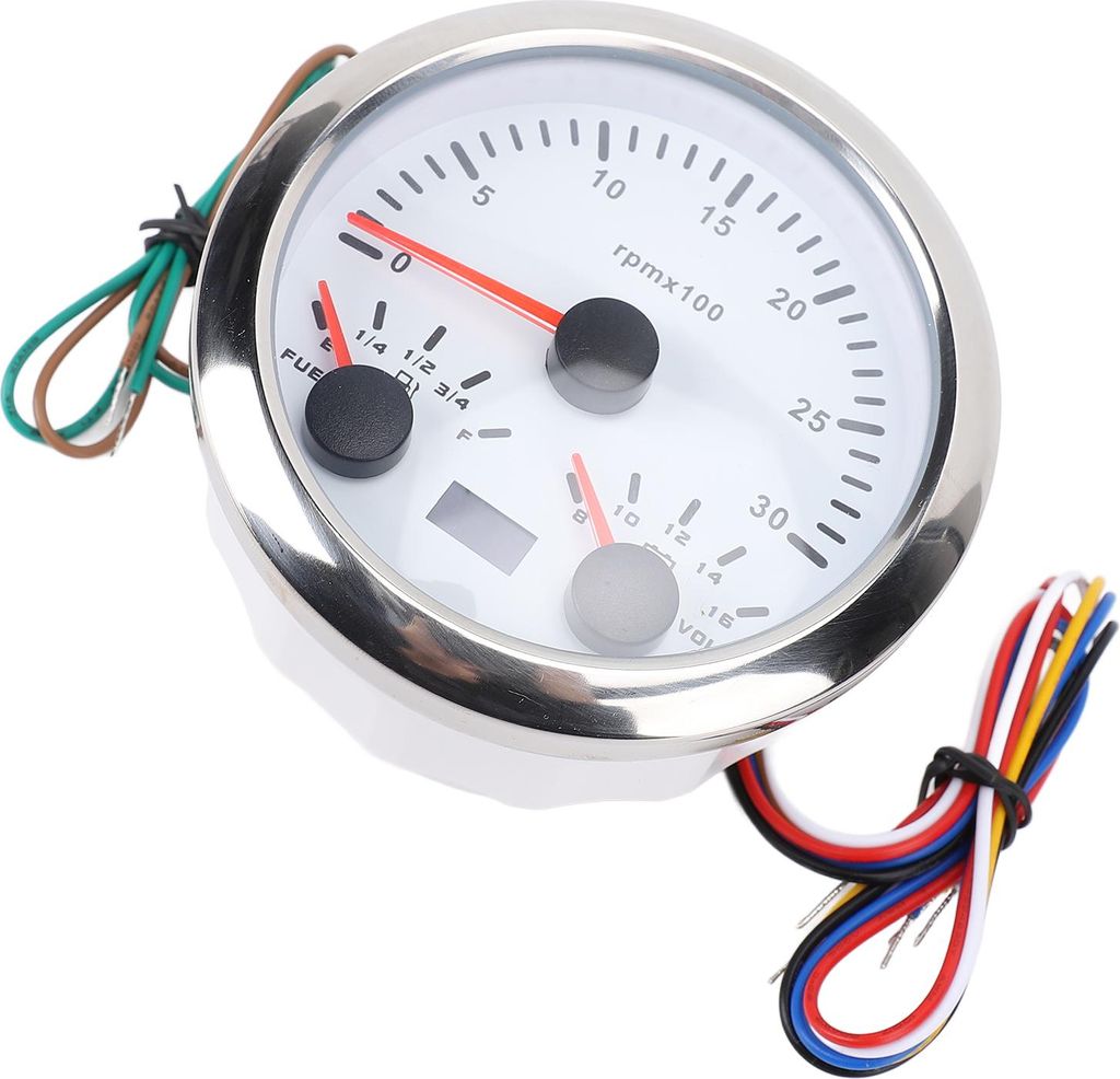 85 mm 3-in-1-Tachometer, 3000 U/min, Drehzahlmesser, 8 bis 16 V Voltmeter, 7 Farben Hintergrundbeleuchtung, E-1/4-1/2-3/4-F, Kraftstoffstandsanzeig...