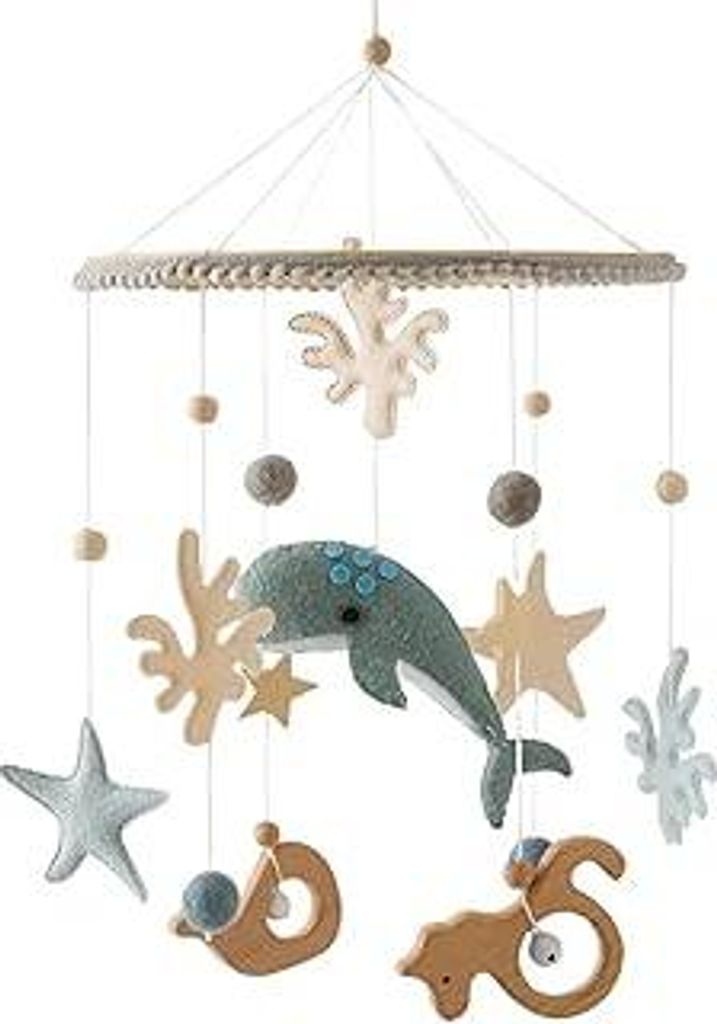 Herfair Meer Welt Mobile Baby Windspiele, 3D Delphine Mobile Baby Holz mit Filzbällen, Mobile Baby Mädchen Bettglocke Anhänger für Babybett Jun...