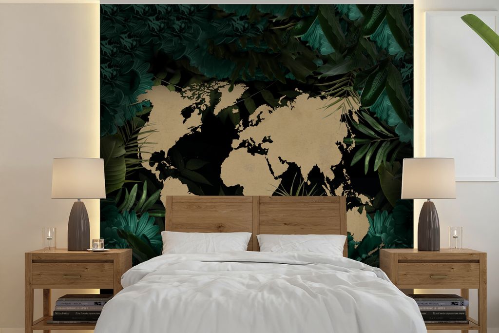 MuchoWow Fototapete für Wohnzimmer oder Schlafzimmer Wandtapete Vinyl Motivtapete Weltkarte - Braun - Blumen - 350x350 cm - Schlafzimmertapete