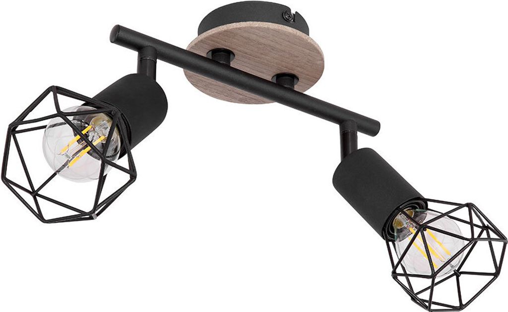 Deckenlampe, 2 flammig, Metall Holz, schwarz, Spots beweglich
