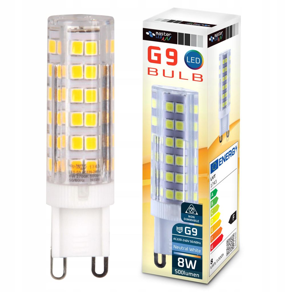 A product shot of an LED light bulb and its packaging.
