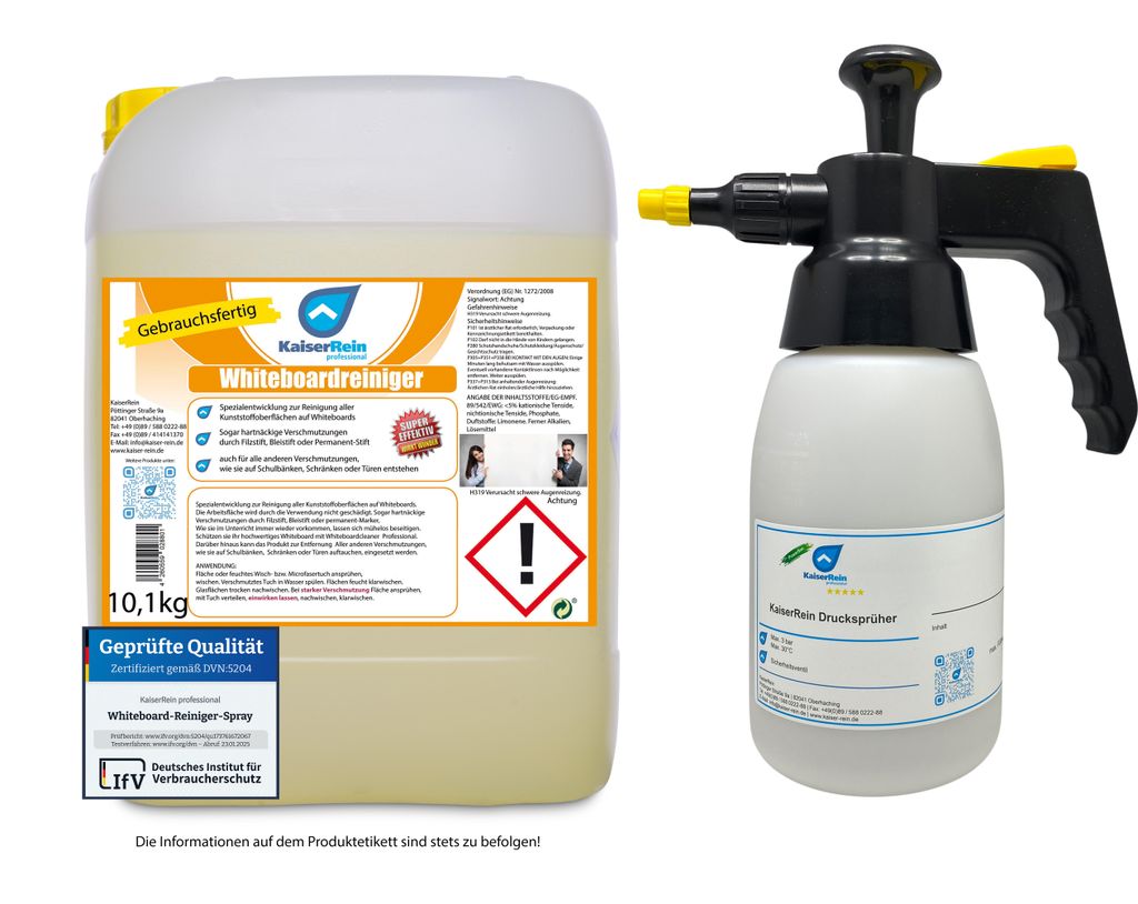 KaiserRein 10 L Kanister Whiteboard Reiniger Spray und leerer Pumpdrucksprüher 0,9 L vielseitig verwendbar I Whiteboardreiniger gegen permanent St...