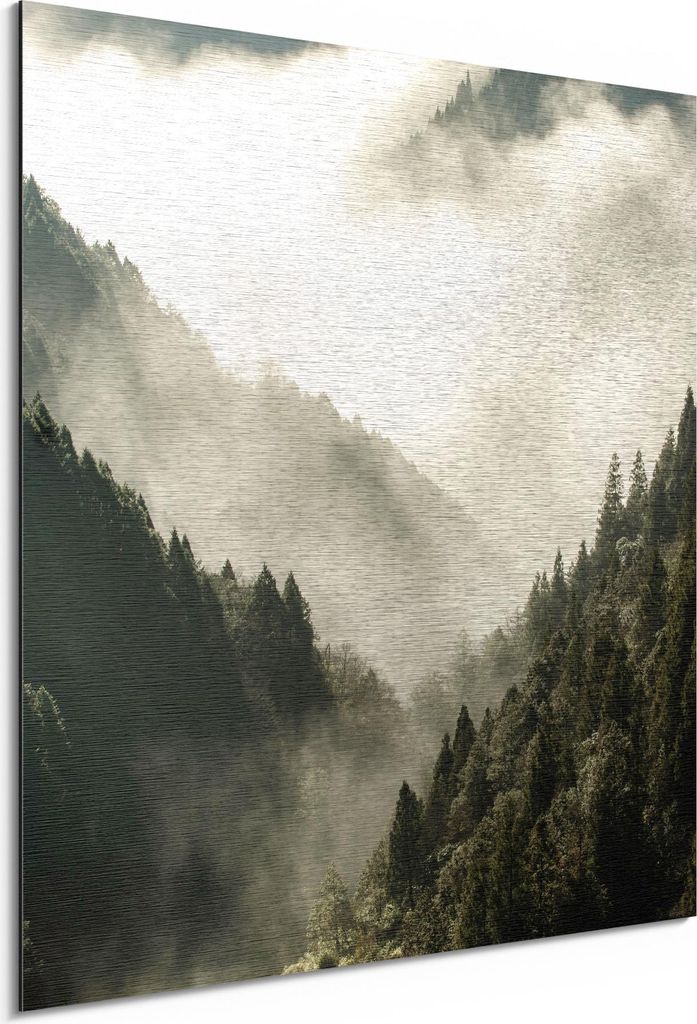DEQORI Alu-Dibond Bild Silber 50x50 cm 'Nebel in den Bergen' Wandbild Metall dünn Design