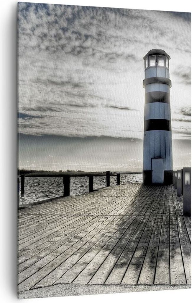 Bild auf Leinwand - Leinwandbild - Einteilig - See Leuchtturm Holzbrücke Wasser - 80x120cm - Wand Bild - Wandbilder - Leinwanddruck - Wanddekorati...