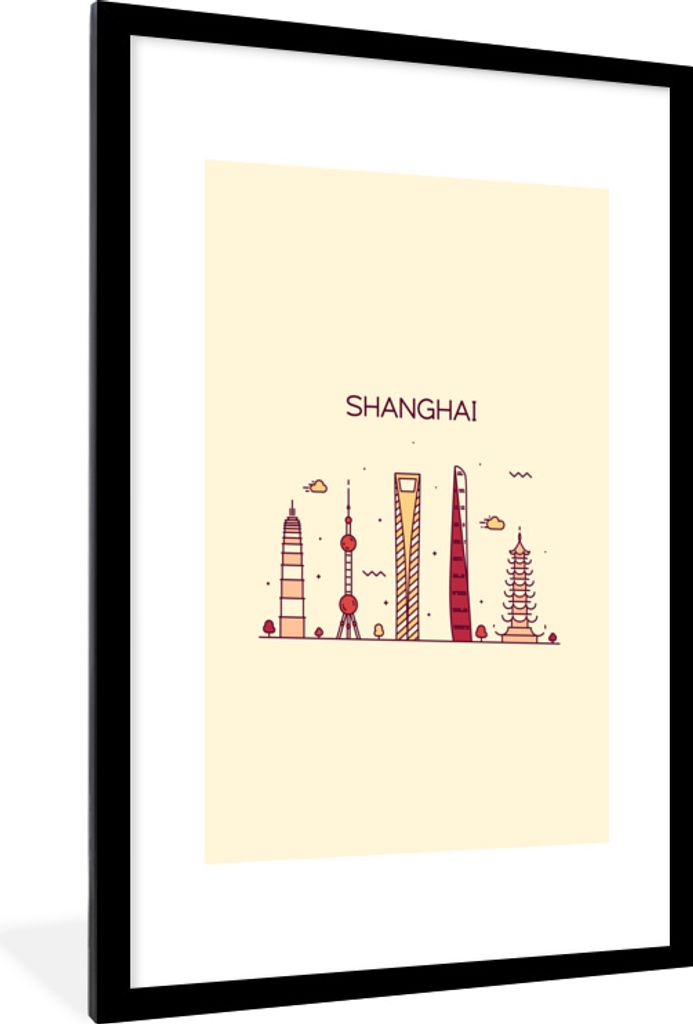 MuchoWow MuchoWow Gerahmtes Poster Shanghai - Skyline - China 60x90 cm - Poster mit zchwarzem Bilderrahmen - Dekoration - Wandposter Wohnzimmer...