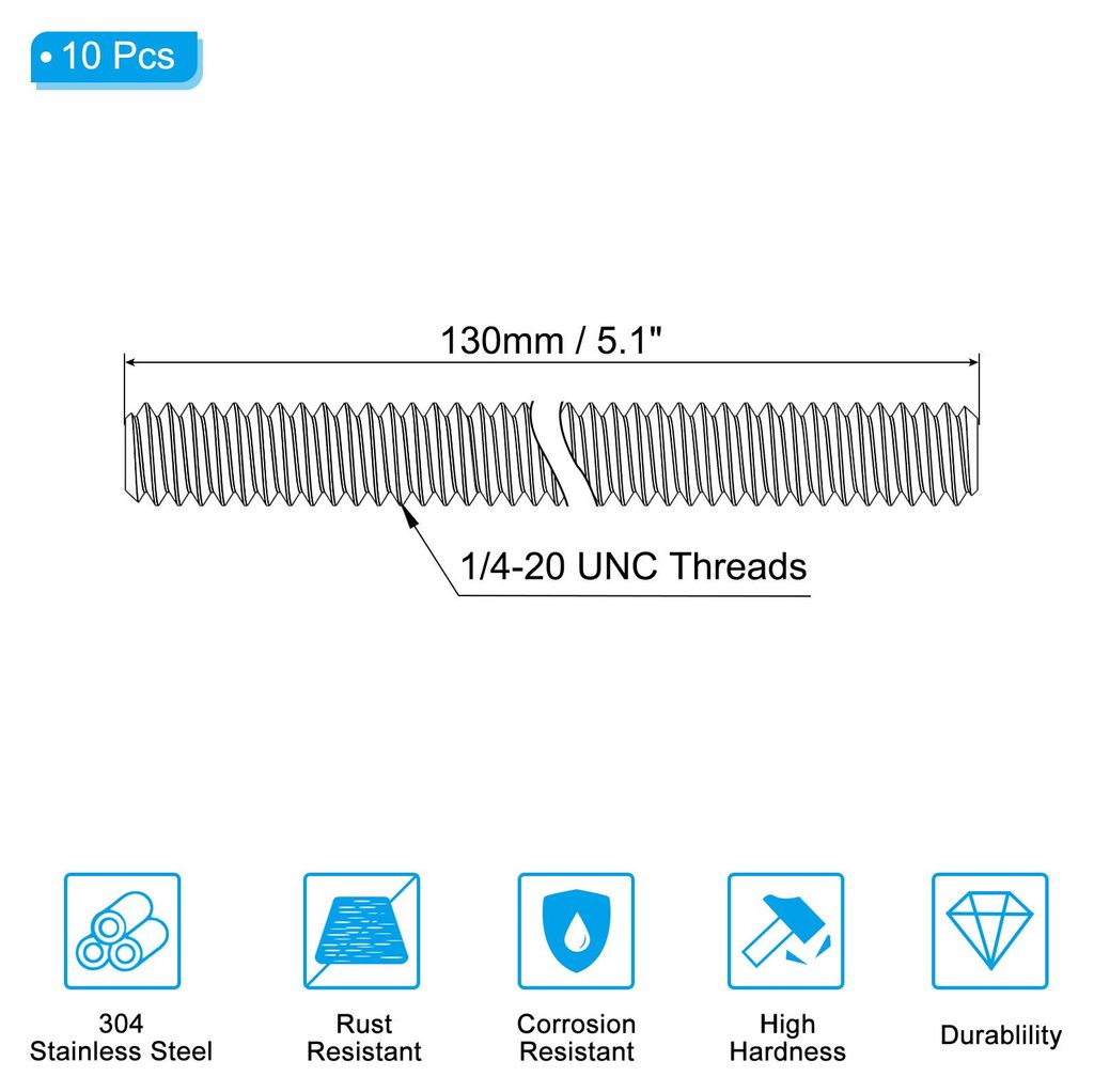1/4"-20 Unc 304 Edelstahl Vollst?ndig Gewindestange 10Stk 5.1" L?nge Lang Gewindeschraube Rechtsgewinde Bolzen fš¹r Verankerungsbolzen Klemmen Au...