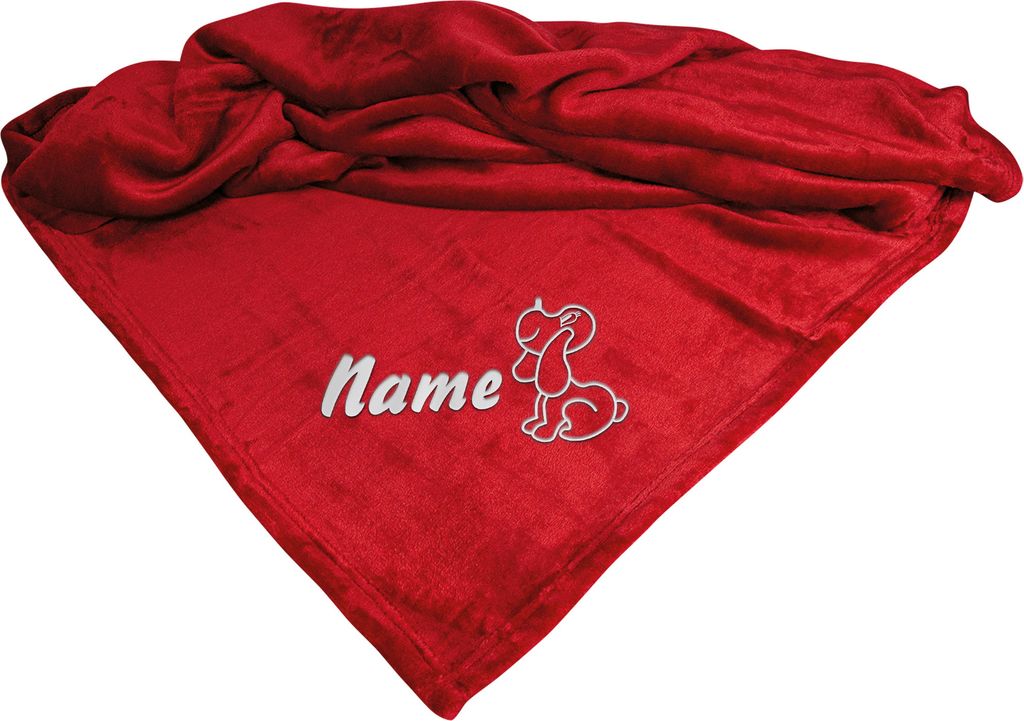 Schecker Mikrofaserdecke Premium Motiv: Hund mit Name Rot 150 cm x 95 cm bestickt mit dem Namen Ihres Hundes