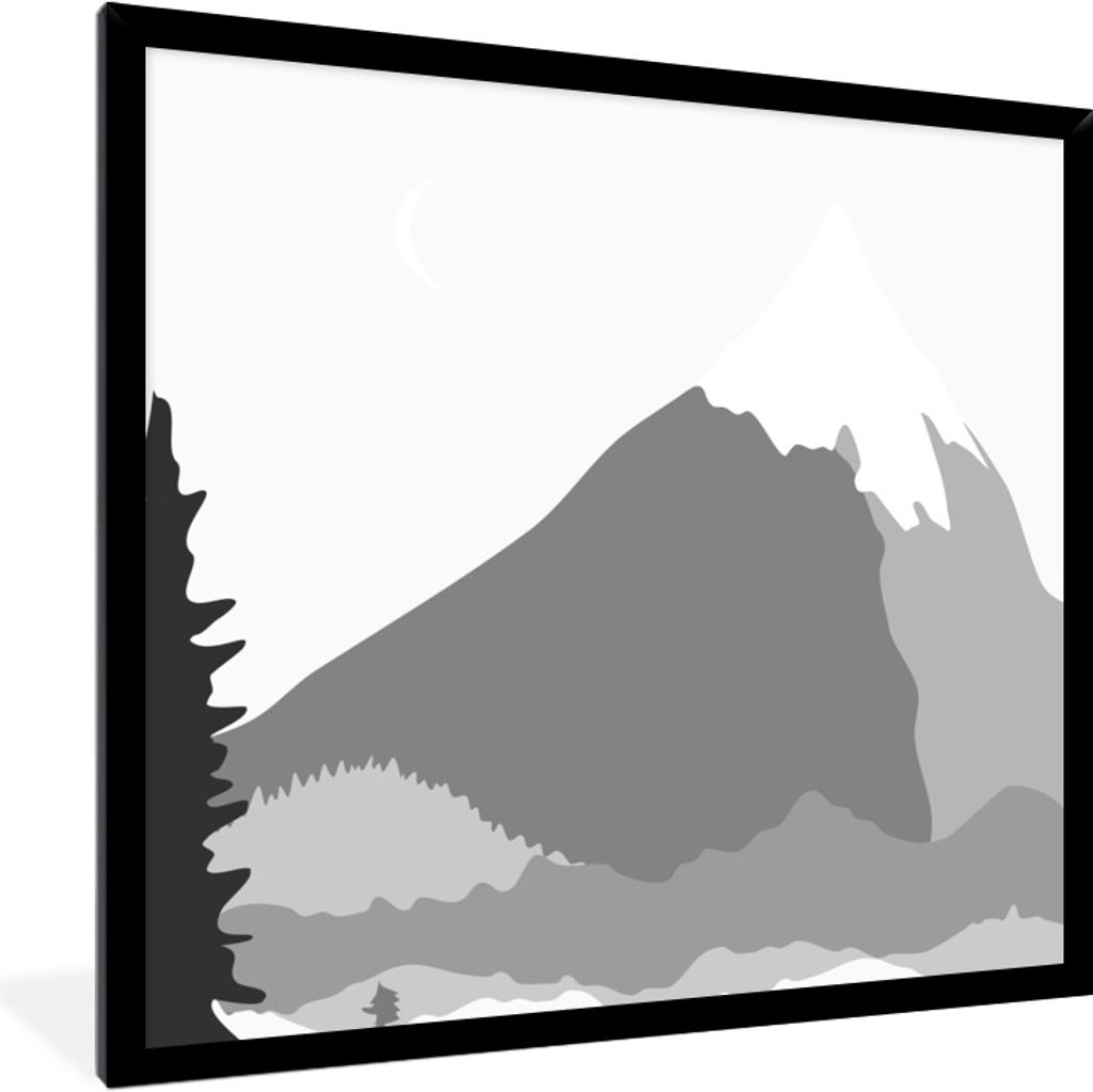 MuchoWow Gerahmtes Poster Illustration - Berg - Schwarz - Weiß 40x40 cm - Poster mit Schwarzem Bilderrahmen Wandposter Rahmen Foto Bilder - Mit ...