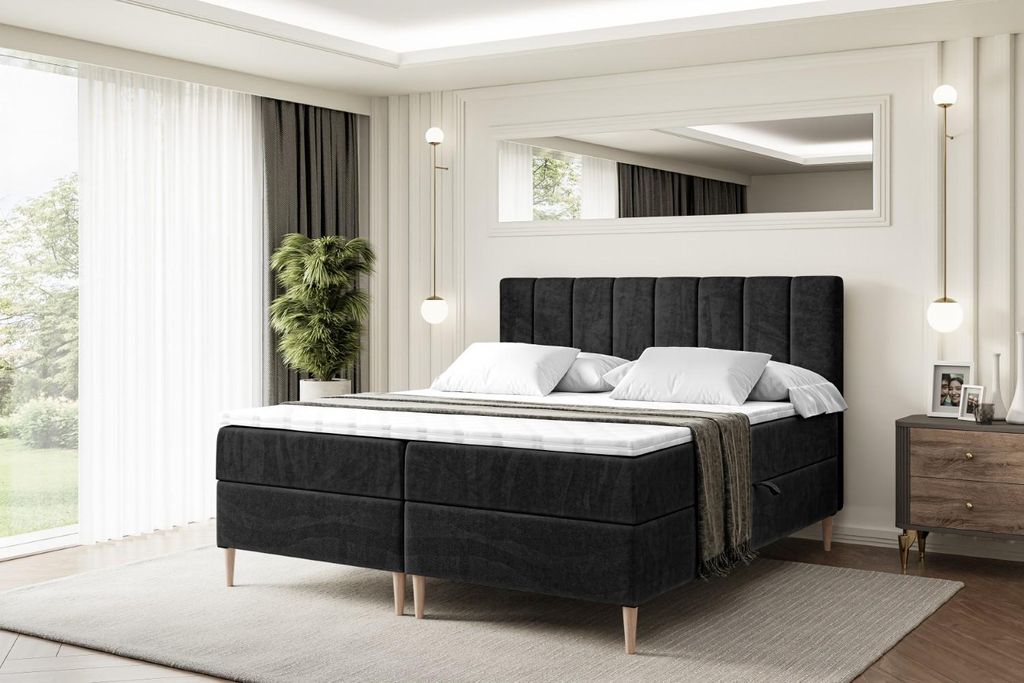 ALTDECOR Boxspringbett mit Holz Füßen, Matratze und Lattenrost, Boxbett, Topper, Polsterbett mit Bettkasten, Bett mit Stauraum H3-Matratze, Doppe...