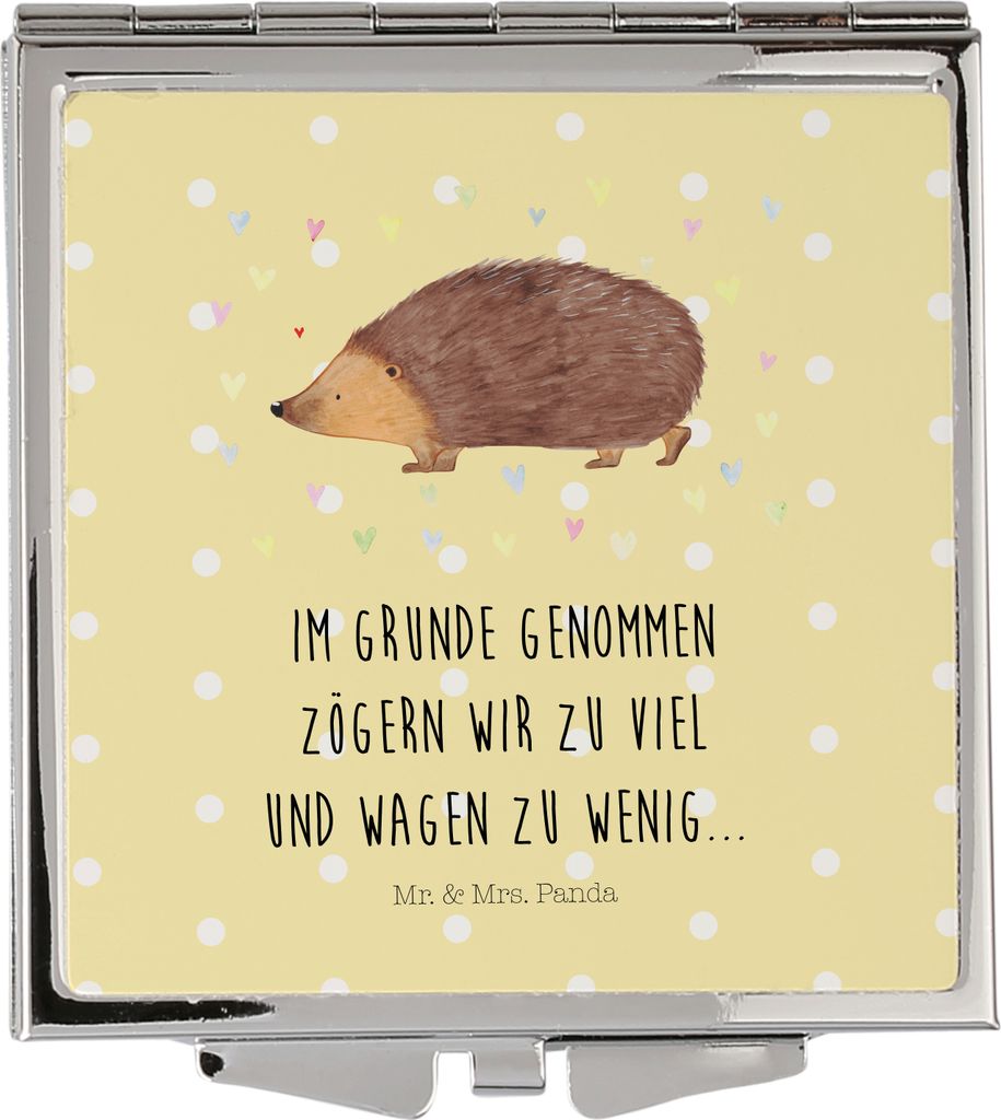 Mr. & Mrs. Panda Schminkspiegel Igel Herzen - Gelb Pastell - Geschenk, Kleiner Spiegel, Kuss, Liebe, Klappbarer, Lustige Sprüche, Frauen, Herz, Ta...
