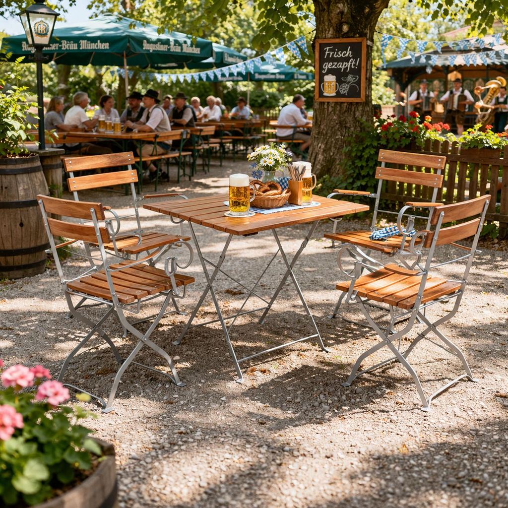 Biergarten Set Klapptisch + 2 Klappstühle mit Armlehnen Akazie 70x70cm