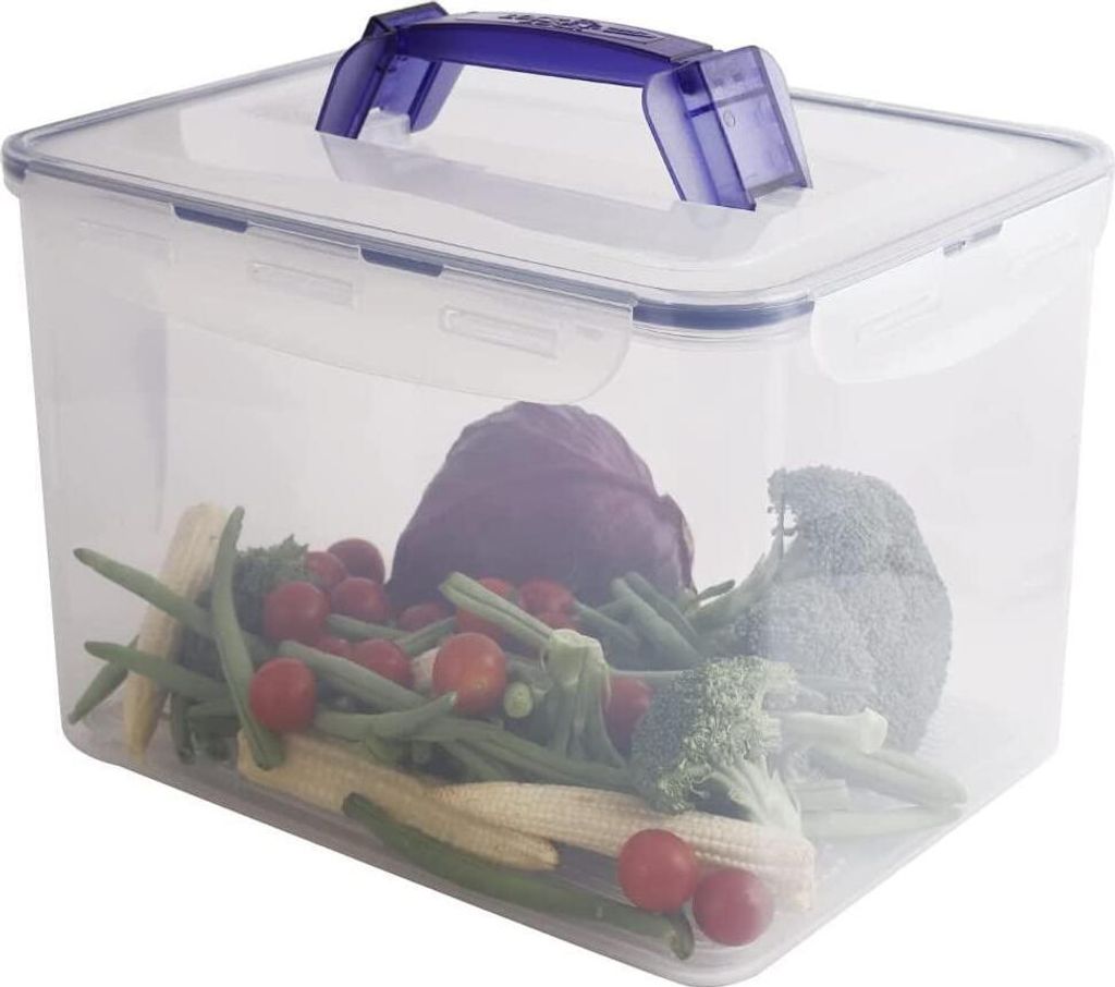 A clear plastic food storage container filled with fresh vegetables, including broccoli, red cabbage, green beans, cherry tomatoes, and baby corn. The container has a purple handle and latches.