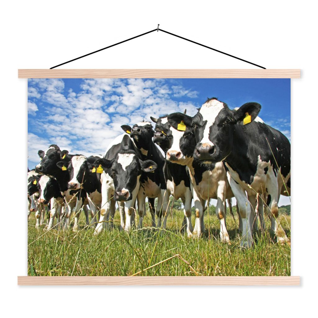 MuchoWow Textilposter Kühe - Gras - Wiese - Tiere 120x90 cm mit holzfarbenen Rahmen - Magnetisch