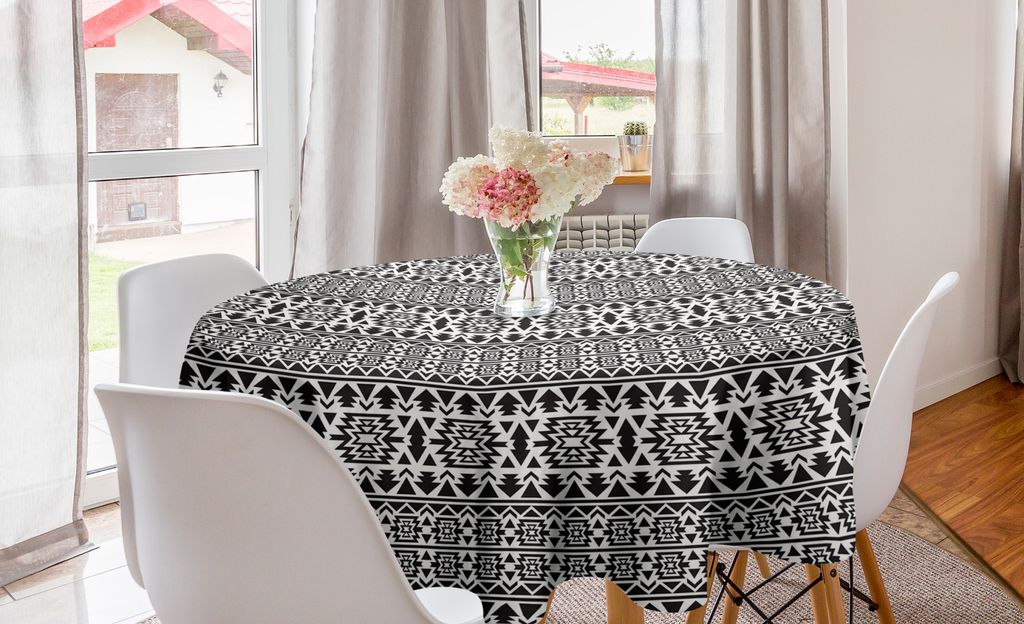 ABAKUHAUS Schwarz und weiß Runde Tischdecke, Folk Mexican, Kreis Tischdecke Abdeckung für Esszimmer Küche Dekoration, 150 cm, Schwarz-Weiss