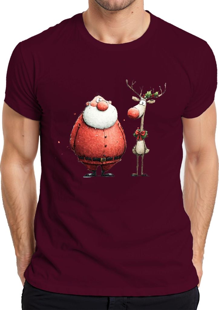 Lustiger Weihnachtsmann Rentier Aquarell Geschenk Retro Herren T-Shirt, Burgundy, XL