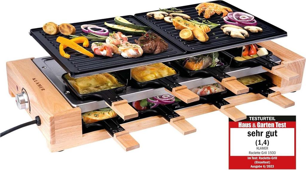 KLAMER Raclette 8 Personen, 1500W Raclette Grill mit Holzgestell, Raclette mit antihaftbeschichteter Grillplatte, Tischgrill elektrisch