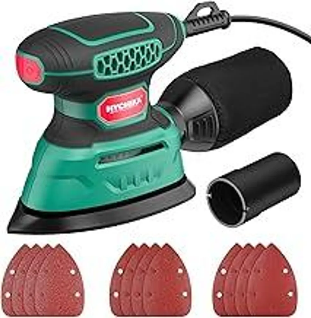 HYCHIKA 140W Levigatrice delta, levigatrice multiuso 13000 OPM Efficiente aspirazione della polvere, con 12 pezzi di carta abrasiva, ideale per levigare il legno e rimuovere ruggine e vernice