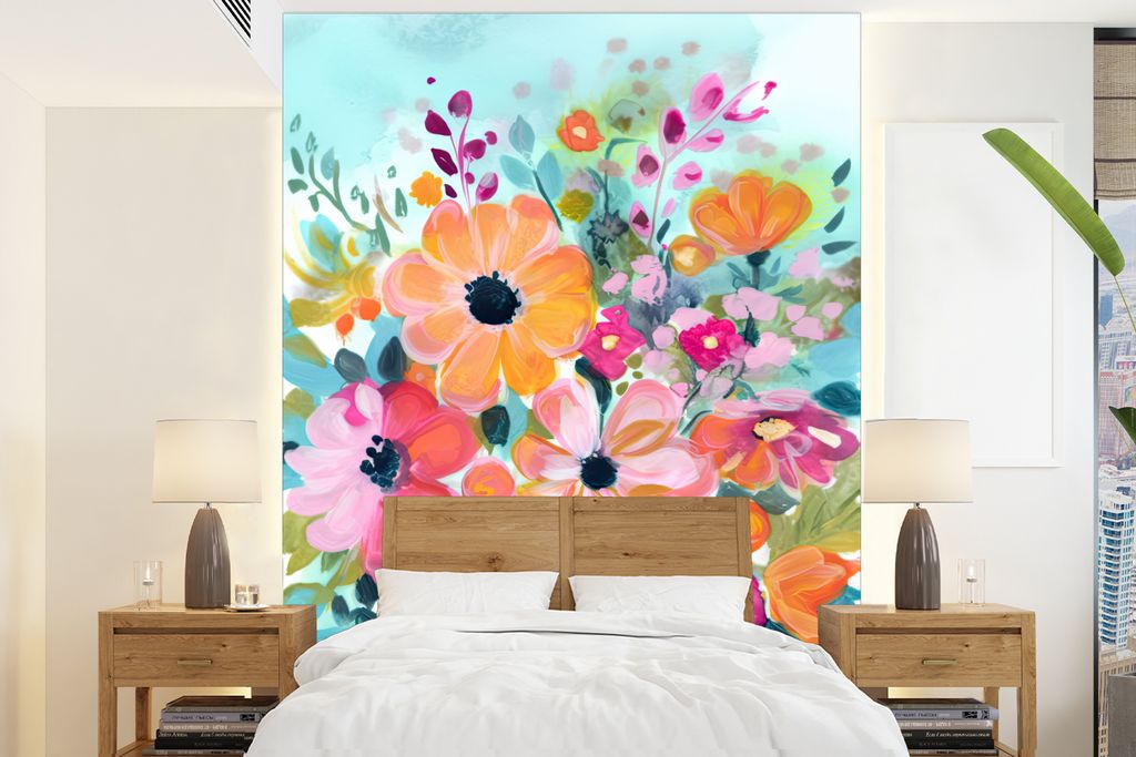 MuchoWow Fototapete für Wohnzimmer oder Schlafzimmer Wandtapete Vinyl Motivtapete Blumen - Malerei - Natur - Botanisch - 205x280 cm - Wandbild