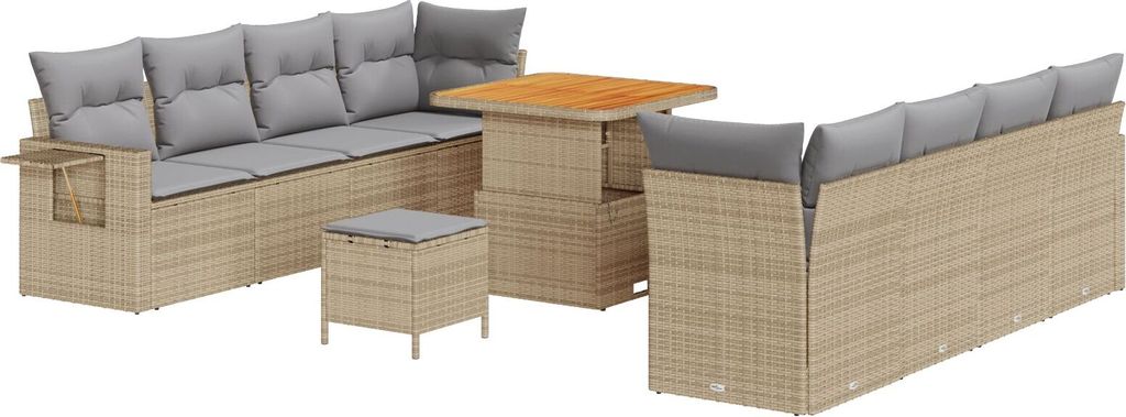 2025 Moderne 11-teiliges Garten-Sofa-Set mit Kissen Beige Poly Rattan Akazie, 3-teiliges Garten-Ess-Set mit Kissen Beige Poly Rattan Akazie - Garte...
