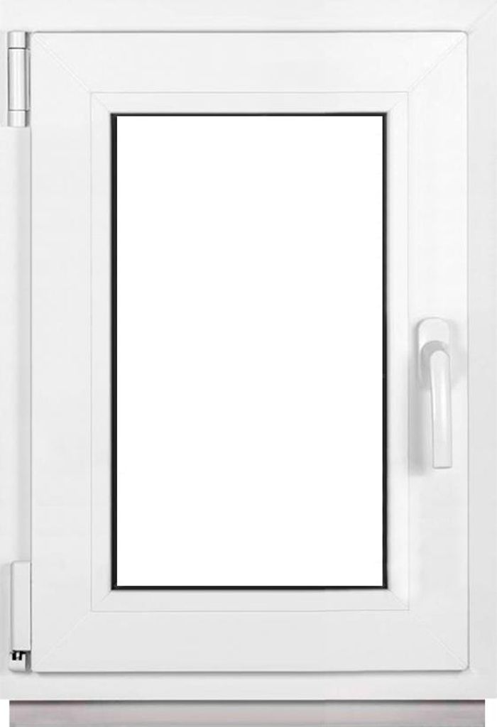 A white PVC window with a clear glass pane and a white handle.