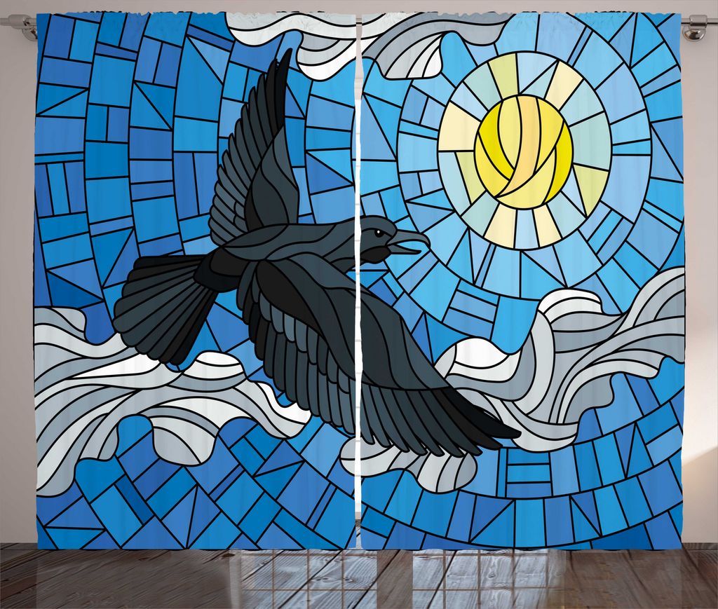 ABAKUHAUS Schwarze Krähe Rustikaler Gardine, Buntglas-Vogel-Himmel, Wohnzimmer Universalband Gardinen mit Schlaufen und Haken, 280 x 225 cm, Mehrf...