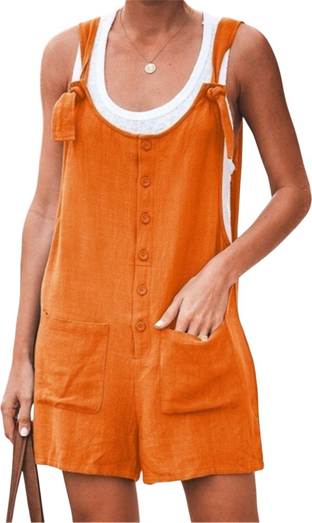 ASKSA Damen Kurz Jumpsuit Sommer Playsuit Kurz Romper Shorts Latzhose Frauen Overalls mit Taschen, Orange, Groesse: XXL
