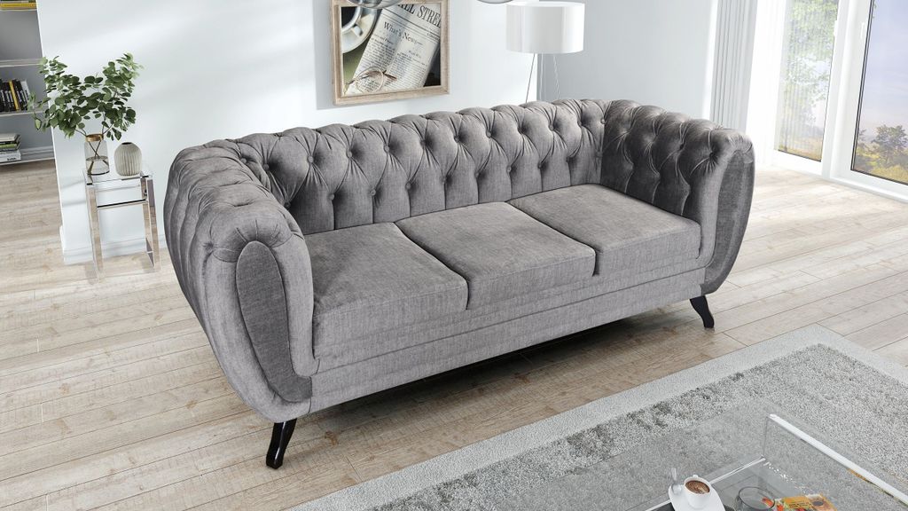Edles Chesterfield Sofa 3 Sitzer Velours grau Couch Polstersofa Wohnlandschaft
