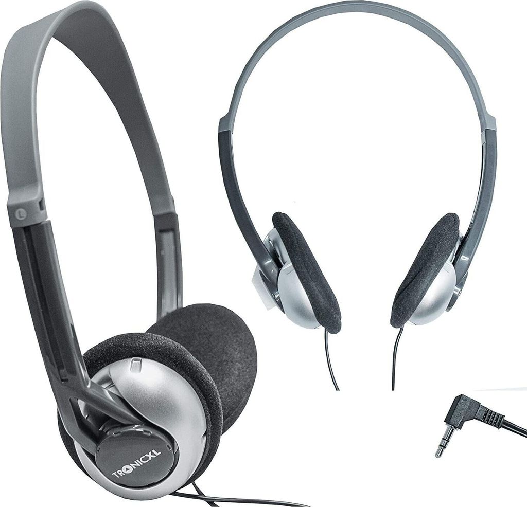 Two pairs of headphones and a jack are shown against a white background.