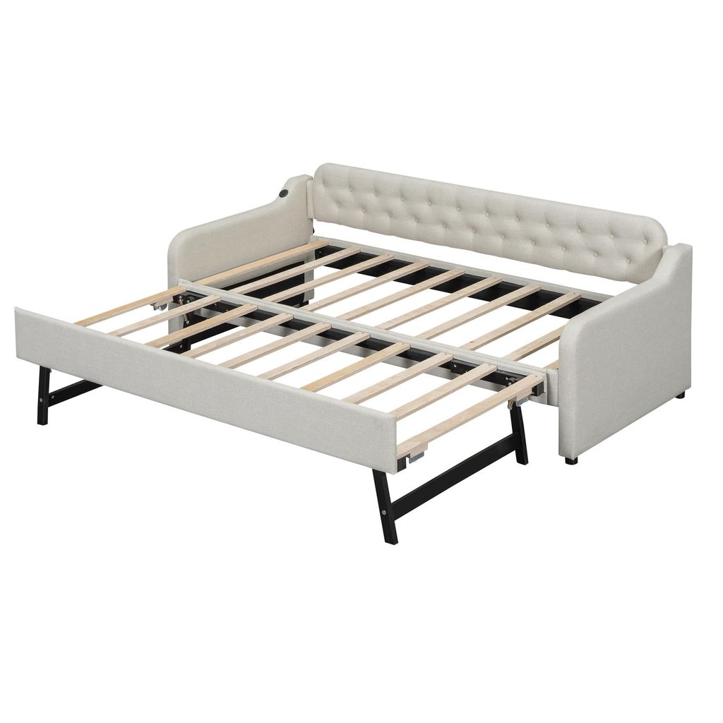 Schlafsofa mit Bettfunktion, 90x200cm/180x200cm, USB Anschlüssen, Gästebett, Liegefläche erweiterbar, Polsterbett, Jugendbett, Leinen
