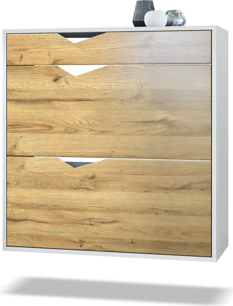 Vladon Schuhschrank Kolmio 85 x 87 x 33 cm, Germany, Korpus in Weiß matt, Fronten in Eiche Natur | Große Farbauswahl