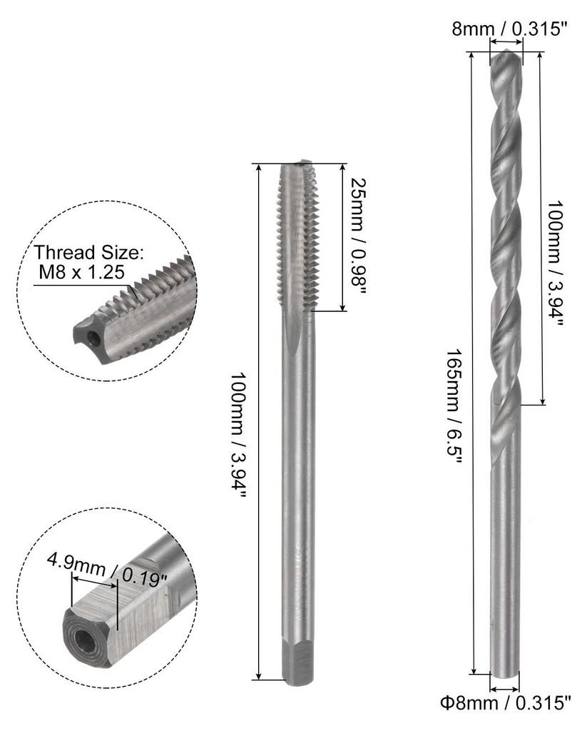 Gewindebohrer Set M8x1.25x100/8mm, Gewindeschneider- und Bohrer set, Gewindeschneidwerkzeug