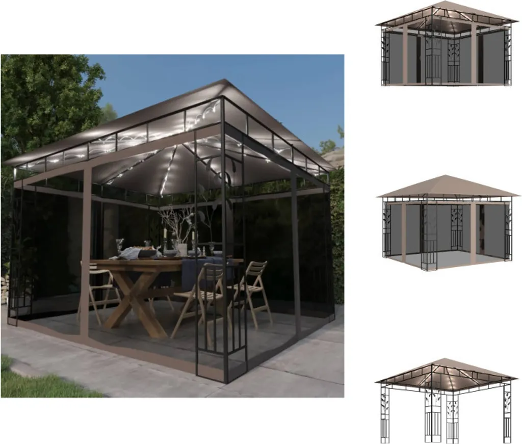Pavillon 3x3m Taupe anti-moustique avec LED : Profitez enfin de vos nuits