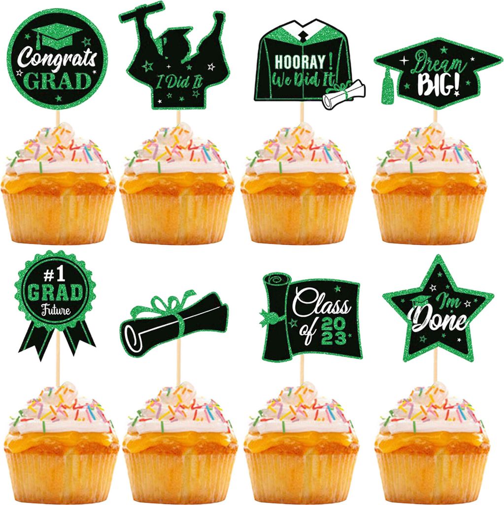 1 Set Cupcake-Topper mit Bambusstäben, Glitzerhut, Diplom-Tal, Stern 2023, Abschlussfeier, Kuchendekoration, Pick Cake Supplies, Grün