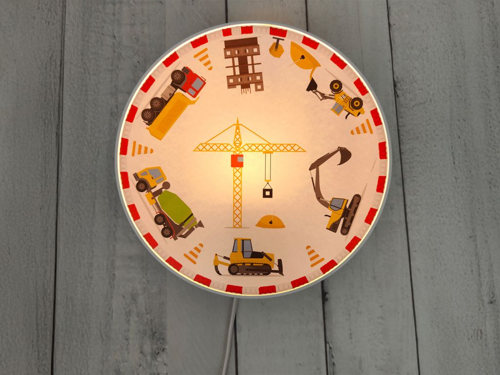 Kleine LED Wandlampe Kinderzimmer, Baustellen Motiv, mit Schalter, flach Ø 25cm