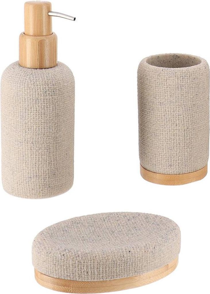 Set aus seifenspenderbecher und seifenschale aus polyresin mit mascheneffekt und bambus - natürlich - Tendance