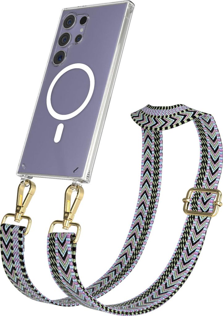 EAZY CASE - Handykette mit MagSafe Hülle für Samsung Galaxy S24 Ultra, Handyband ZigZag Style,Karabiner Gold, Umhängeband in Lila