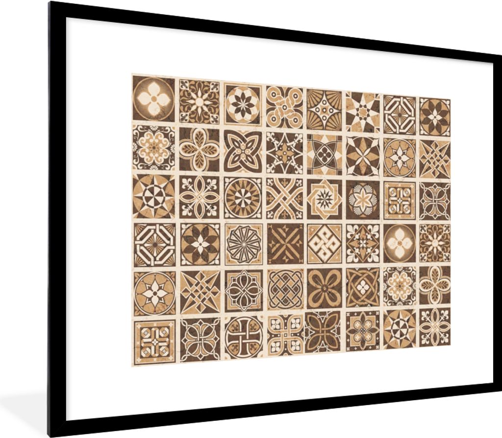 MuchoWow Gerahmtes Poster Design - Blumen - Braun - Natur - Vintage 80x60 cm - Poster mit Schwarzem Bilderrahmen Wandposter Rahmen Foto Bilder - ...