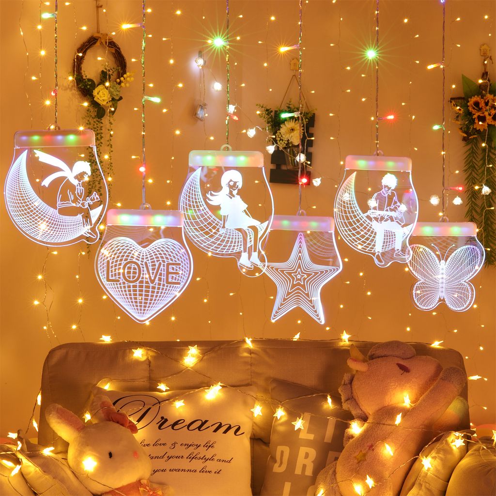 Led Love Lichtervorhang Bunt, Weihnachten 3d Sterne Und Mond Lichterkette Mit Fernbedienung Timer/Speicherfunktion/5 Modi/Usb-Stecker, Weihnachtsde...