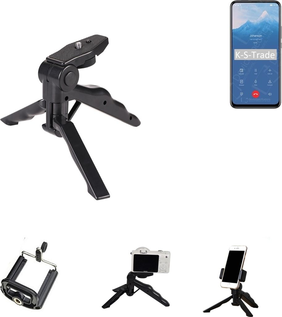 K-S-Trade Stativ Tisch-Ständer Dreibein Handy-Stativ Ständer kompatibel mit Huawei Y9 Prime 2019 Mini-Stativ Smartphone Tripod Handy-Stativ aus