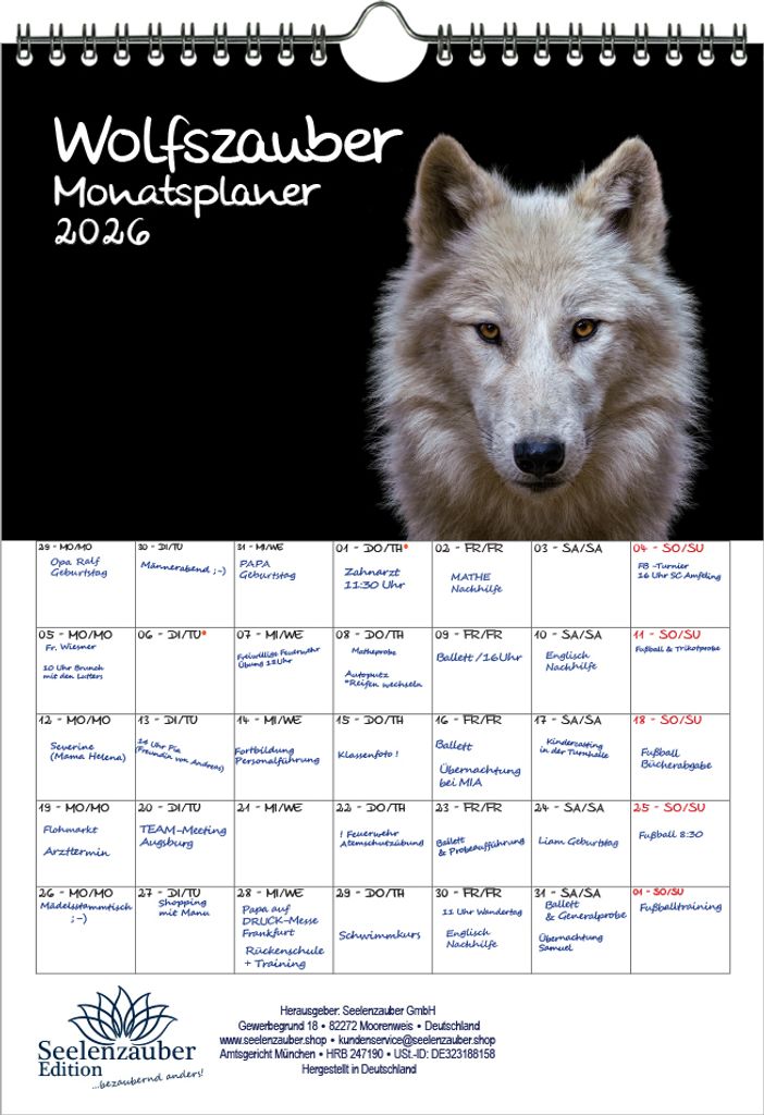 Wolfszauber Planer DIN A4 Kalender für 2026 Wolf und Wölfe - Seelenzauber