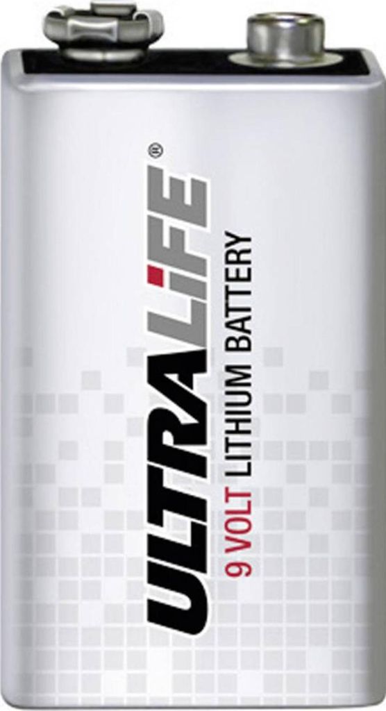 A close-up studio shot of a silver 9-volt lithium battery with black and red text.