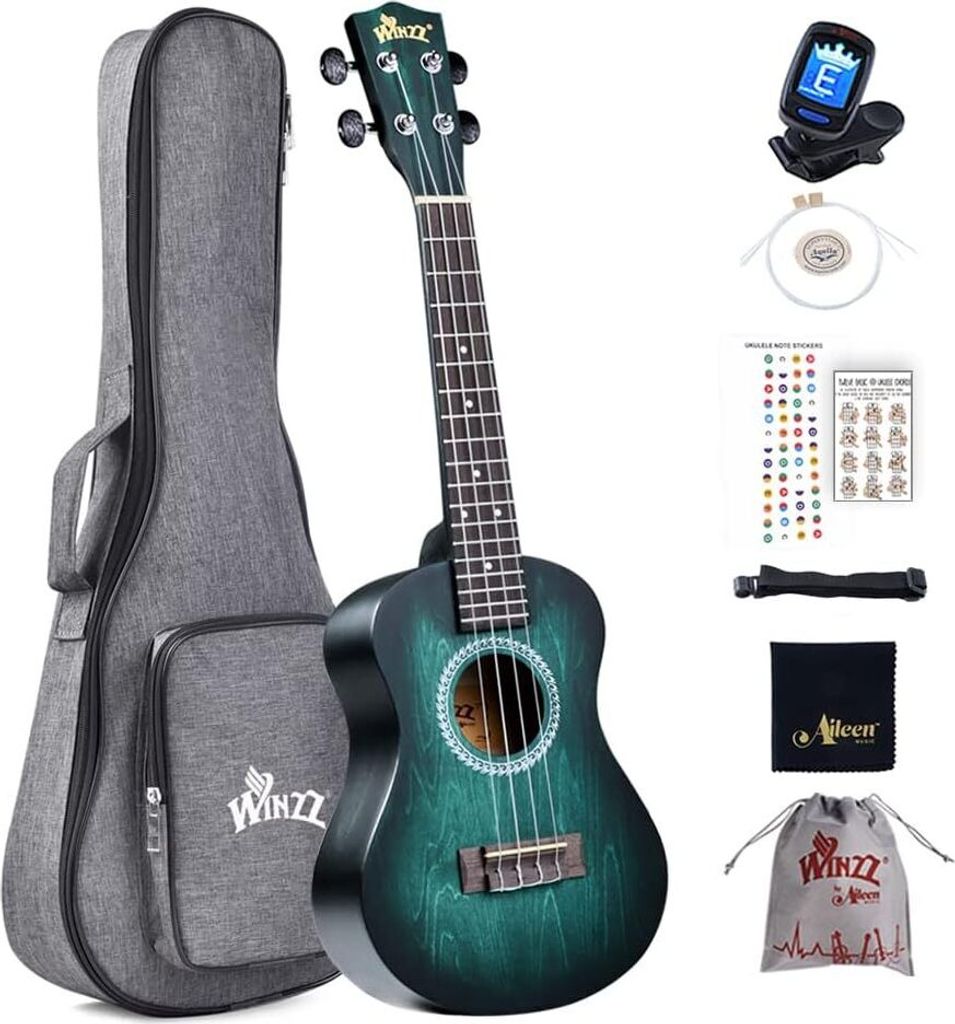 Ukulele Konzert Anfänger Set Kinderm Erwachsene, Einzigartiges Farbdesign, mit Tasche, Stimmgerät, Zusätzlichen Saiten, Gurt,Noten-Aufkleber(Bla...