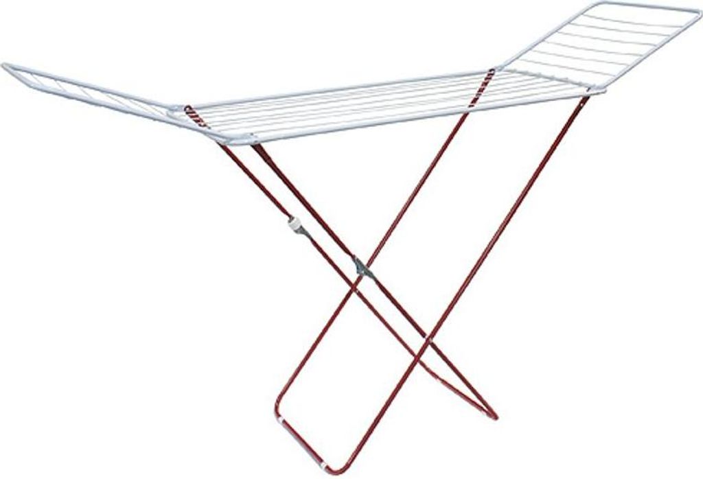 A white background with a red and white drying rack.