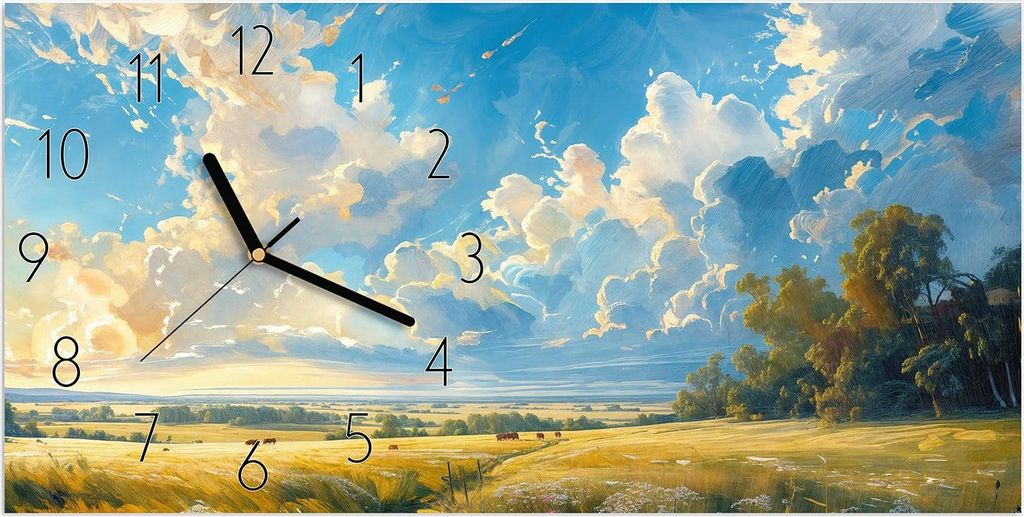Wanduhr aus Glas mit Motiv Landschaft mit Wolken- 60 x 30 cm - inkl. Aufhängesystem