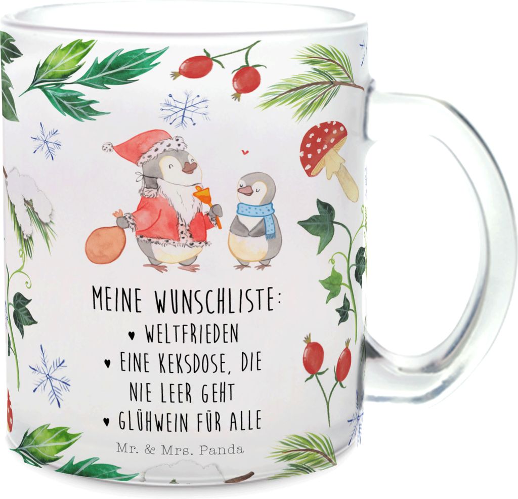 Mr. & Mrs. Panda Teetasse Pinguin Wunschliste - Transparent - Geschenk, Häferl, Pott, aus Glas, Trinkglas, Tee Tasse, Wintermotiv