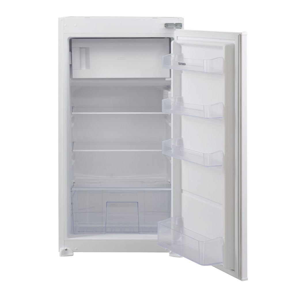 An open, empty refrigerator with shelves and door compartments.