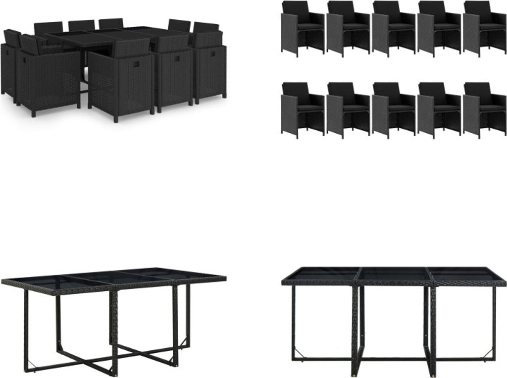 vidaXL 11 tlg. Garten Essgruppe mit Auflagen Poly Rattan Schwarz - Garten-Essgruppe - Garten-Essgruppen - Gartengarnitur - Gartengarnituren