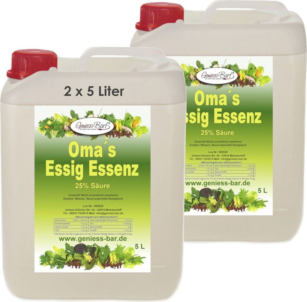 2x 5L Oma`s Essigessenz 25% Säure Unser Geschmackssieger für die gute Küche & Haushalt / Entkalken / Reinigen ohne Chemie mit Essig Essenz